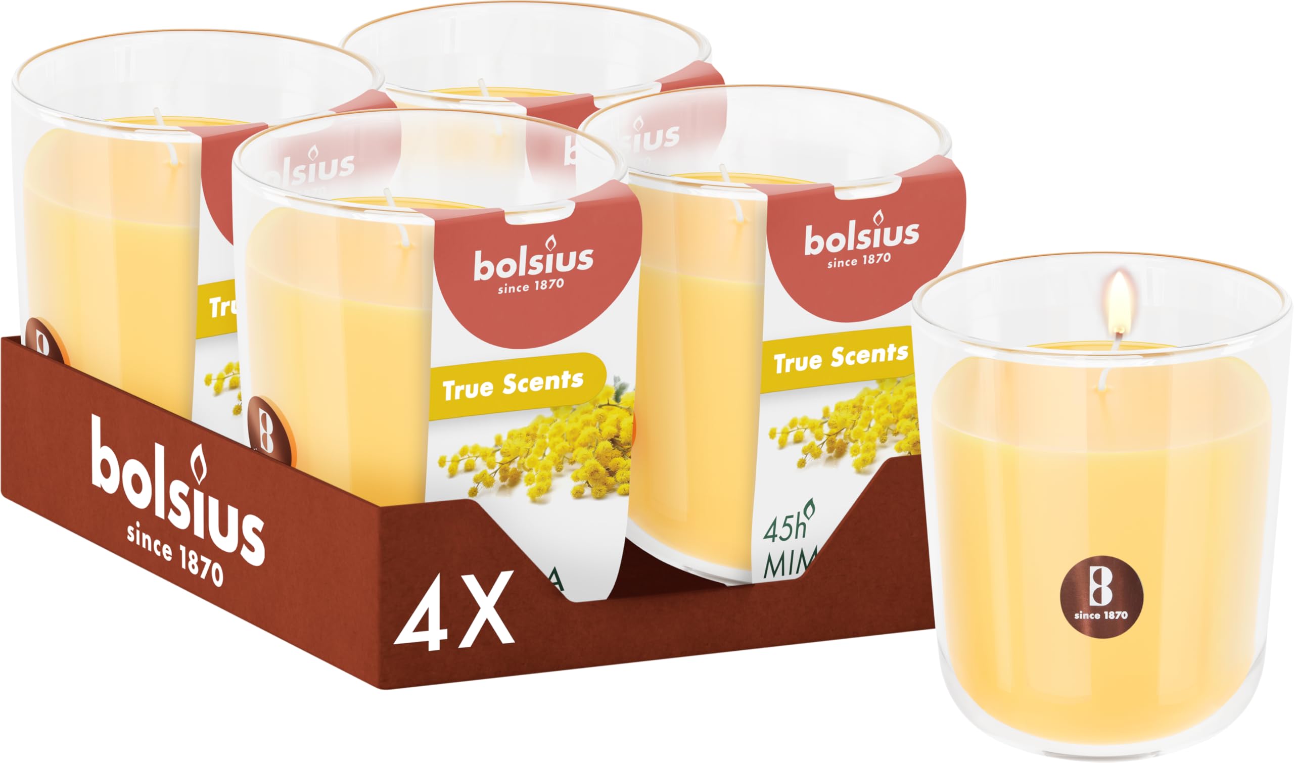 Bolsius - Mimosa - Yellow - Set of 4 Scented Candles - 3.8″ × 3.3″ - Burn time: 25 Hours - with Natural extracts - Natural Vegetable Wax - Palm Oil Free