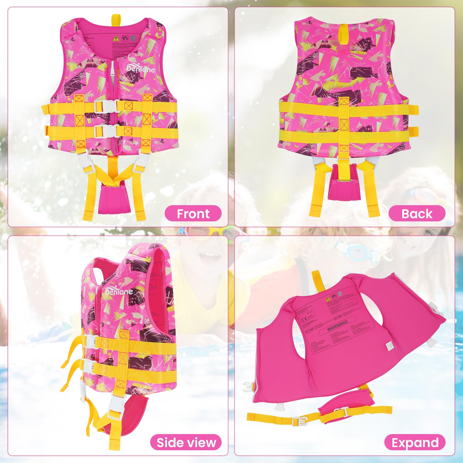 Giubbotto da nuoto per bambini in neoprene, costume da bagno per ragazzi e ragazze, costume da bagno per l'allenamento al nuoto con cinghie di sicurezza regolabili - Rosa S(1-3 anni)