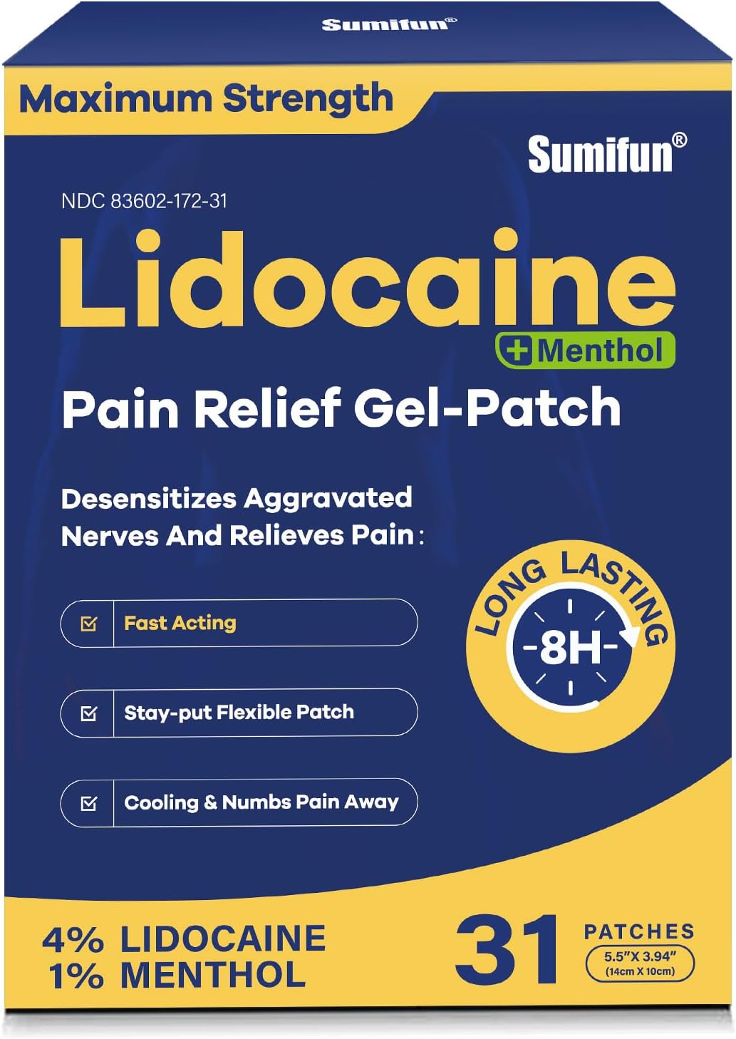 Sumifun Lidocaine Pain Relief Patches - Fast, Targeted Therapy Simple Backache, Soreness, Sprain, Joint Pain with Maximum Strength 4% Lidocaine and 1% Menthol (Large, Count, 31) NDC 83602-172-31