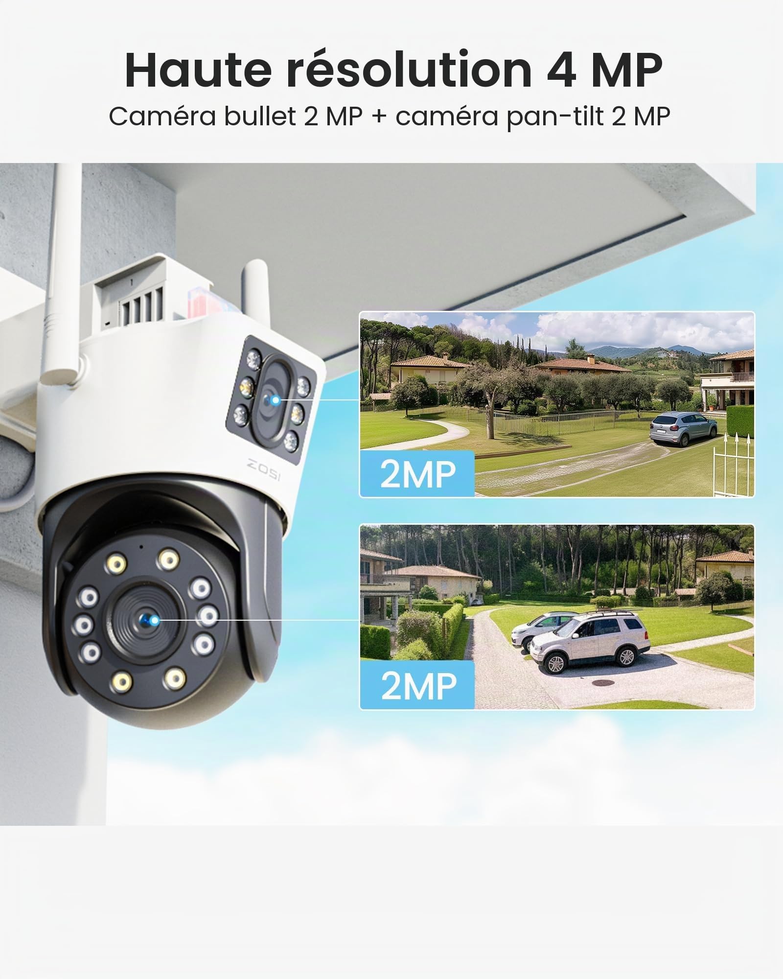 ZOSI C298 PT Caméra Surveillance WiFi Extérieure 4MP Duo Objectif Vue 360° | Pan et Tilt 360° Vision Nocturne en Couleur, Suivi Automatique, Détection Personne/véhicule
