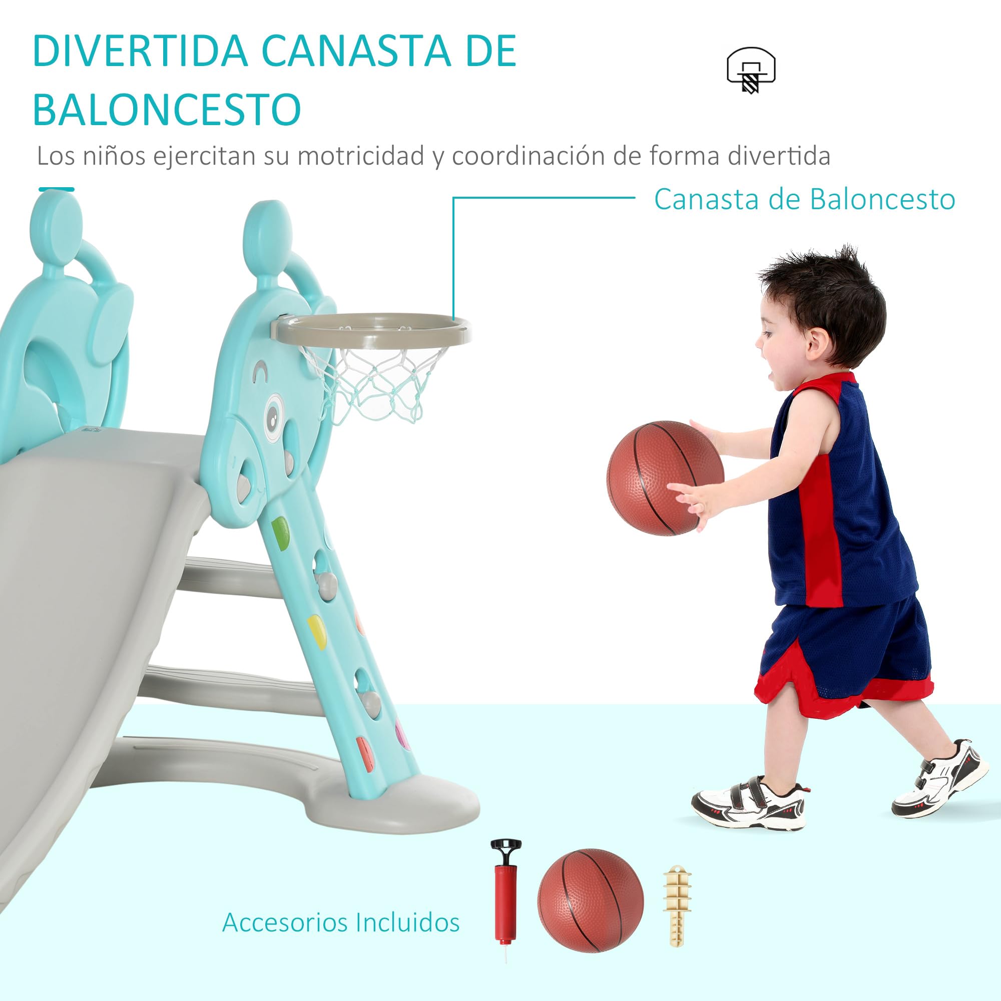 HOMCOM Tobogán para Niños +18 Meses Plegable 2 en 1 con Canasta de Baloncesto Modelo Jirafa Juguete Infantil para Interiores y Exteriores 147x82x85,5 cm Azul y Gris