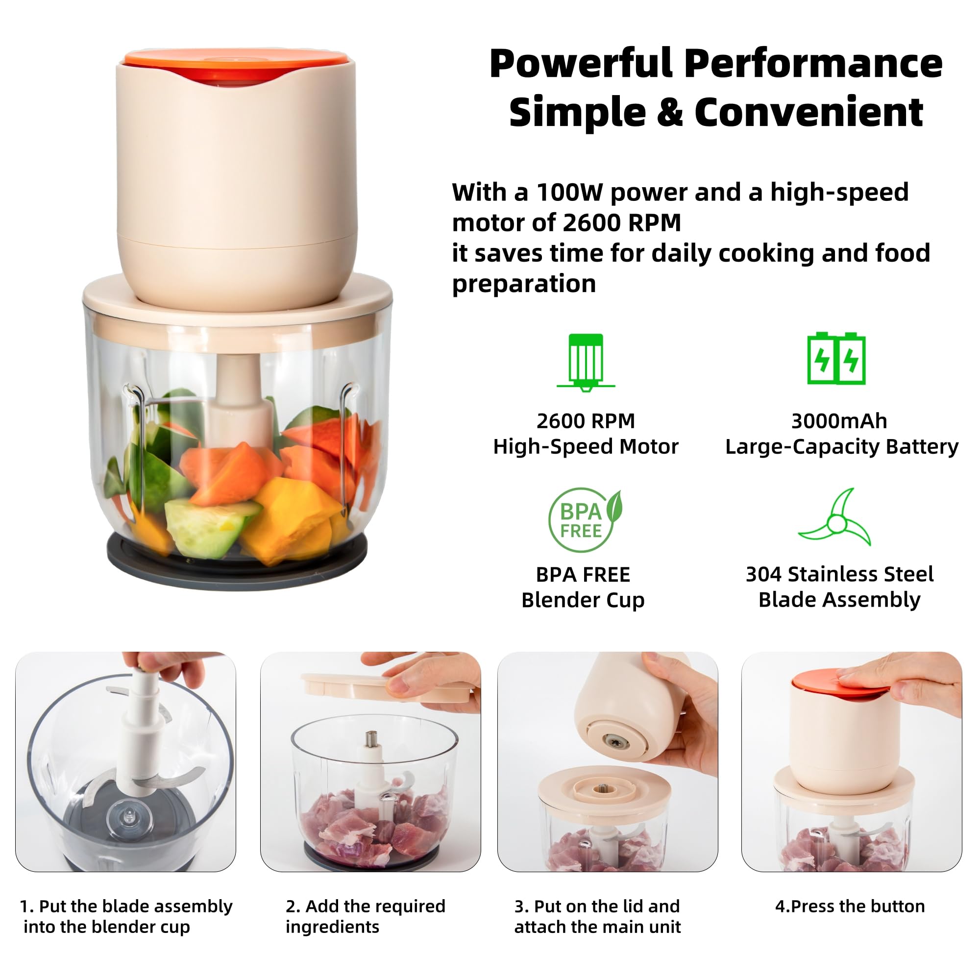 Tritatutto elettrico portatile 600 ml 100 W, 304 acciaio inox 3 coltelli, batteria da 3000 mAh con carica di tipo C, facile da pulire, per la preparazione di carne macinata, salsa d'aglio e