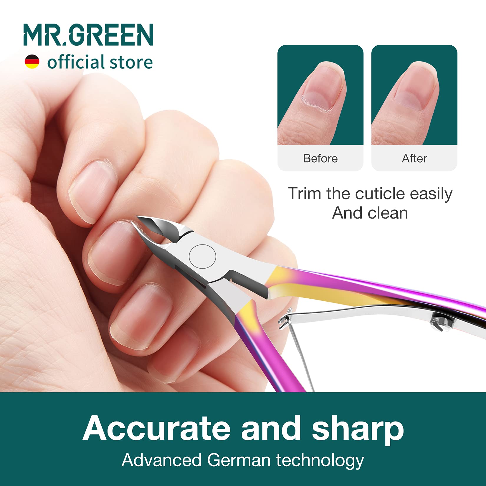 MR.GREEN Profesionales Tijeras para Cutículas y Empujador de Cutículas de Acero Inoxidable Manicura Set para Salón y Hogar(Color Titanio+Empujador)