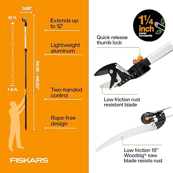 Fiskars 8-12 Ft Extendable 2-in-1 Tree Pruner & Pole Saw with Rotating Head