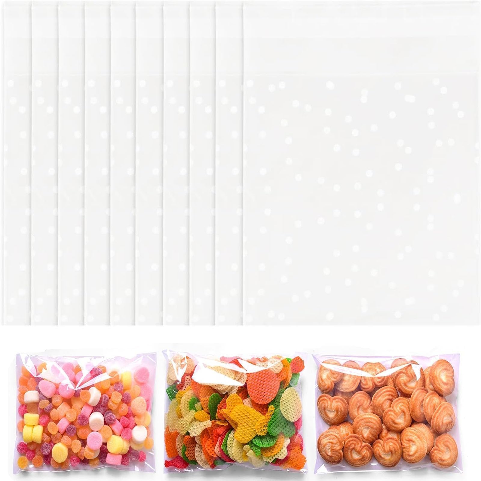 200Pcs Cellophane Bags, 7 x 10 cm, Self Adhesive Small Plastic Packaging Bags with White Dot, Clear Frosted Plastic Package for Sweet Cookie Chocolates Biscuit Candy