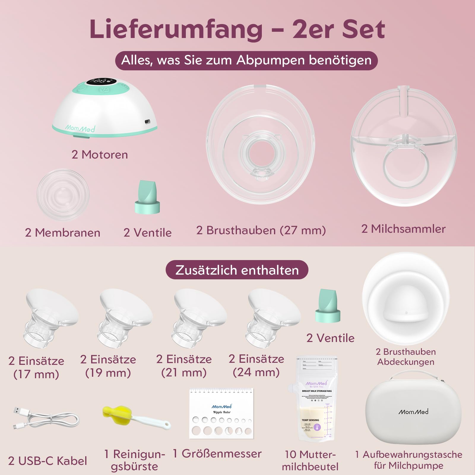 MOMMED Milchpumpe, 27mm Milchpumpe Elektrisch mit 4 Modi & 12 Saugstärken, Eingebautem Nachtlicht & Leckschutz-Design, Inklusive 17/19/21/24mm Flansch-Einsätze