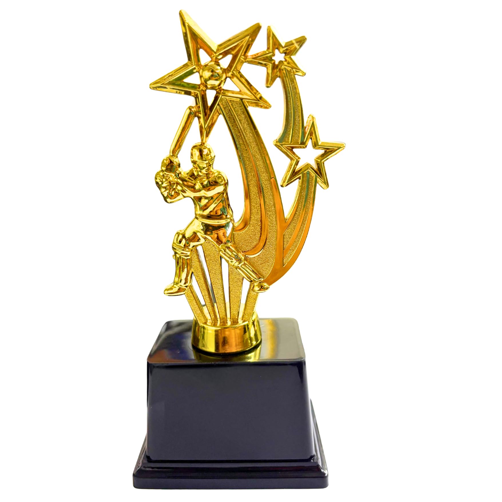 Cricket Trophy with Stars Design, Gold-Coloured Figure on Black Base, Sports Award, Best Batsmen/Bowler/Fielder or Man of The Match Award, Logo Printing, Writings & Customisation Available (Set of 1)-image-3