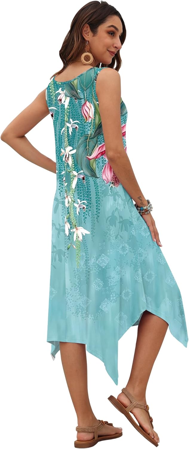 AUSELILY Women's Summer Dresses 2026 Casual Sleeveless Sundress Asymmetrical Hem Midi Tank Beach Dress with Pockets