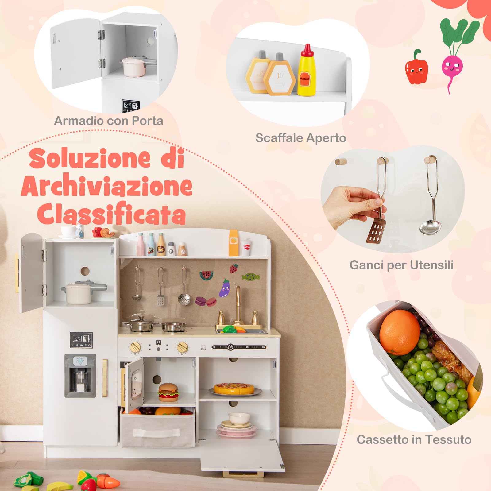 COSTWAY Cucina Giocattolo con Macchina del Ghiaccio e Microonde con Luce, Cucina per Bambini in Legno con 2 Lavagne, Lavandino e Cassetto in Tessuto, Set Cucina con 9 Accessori, 86 x 27 x 83 cm