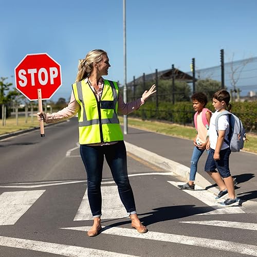 Miniatura 5 de Paquete de 4 señales de parada lenta de mano con asa de 13 x 13 pulgadas, letreros reflectantes de doble cara con protección UV, impermeable,