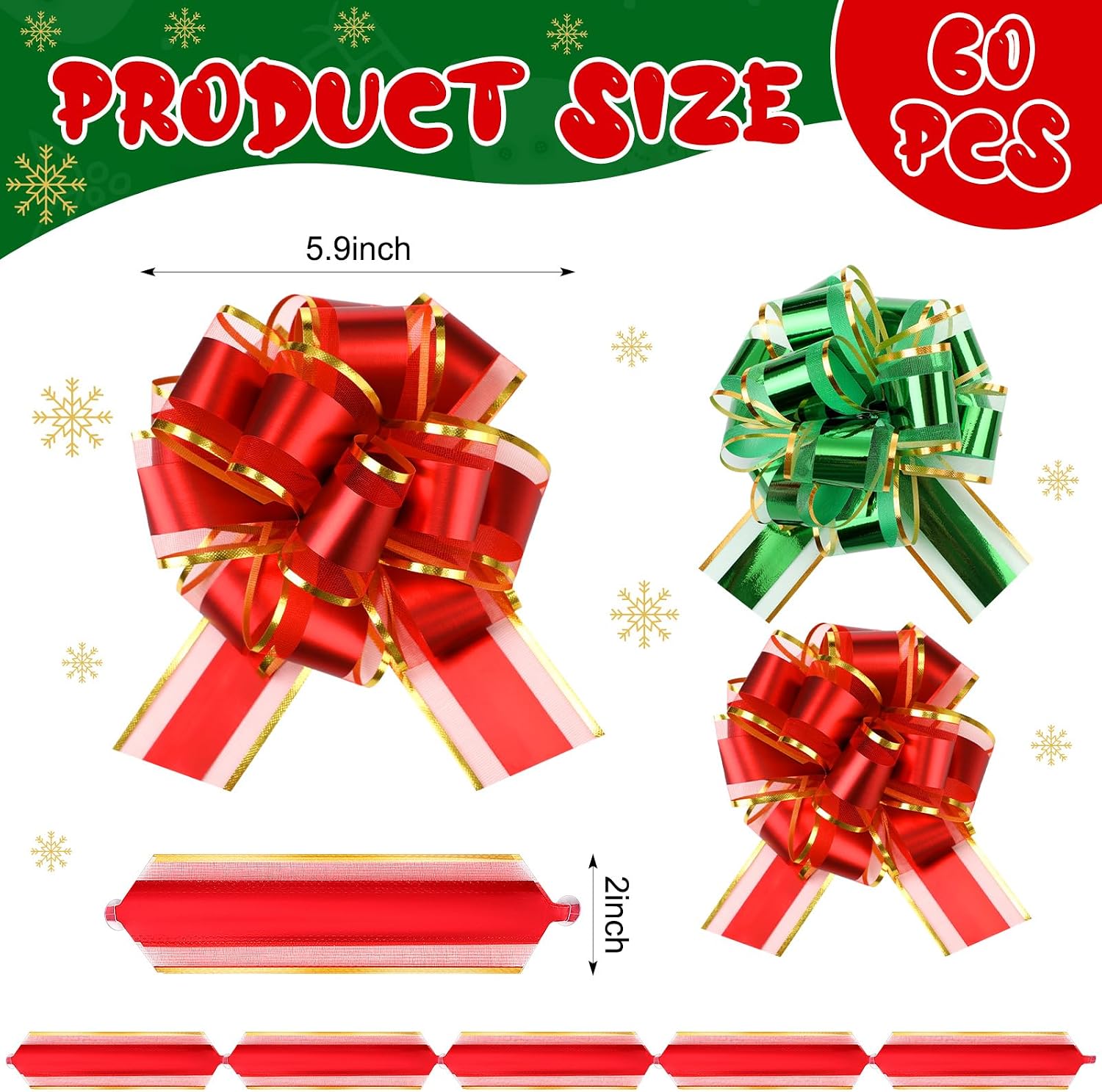 Riceshoot 60 Pcs Large Pull Bows Ribbon Gift 6 Inch Pastel Gift Wrapping Bows for Christmas Winter Valentine's Day Presents Wedding Birthday Party Basket Holiday Decor(Classic,Gold, Green, Red)