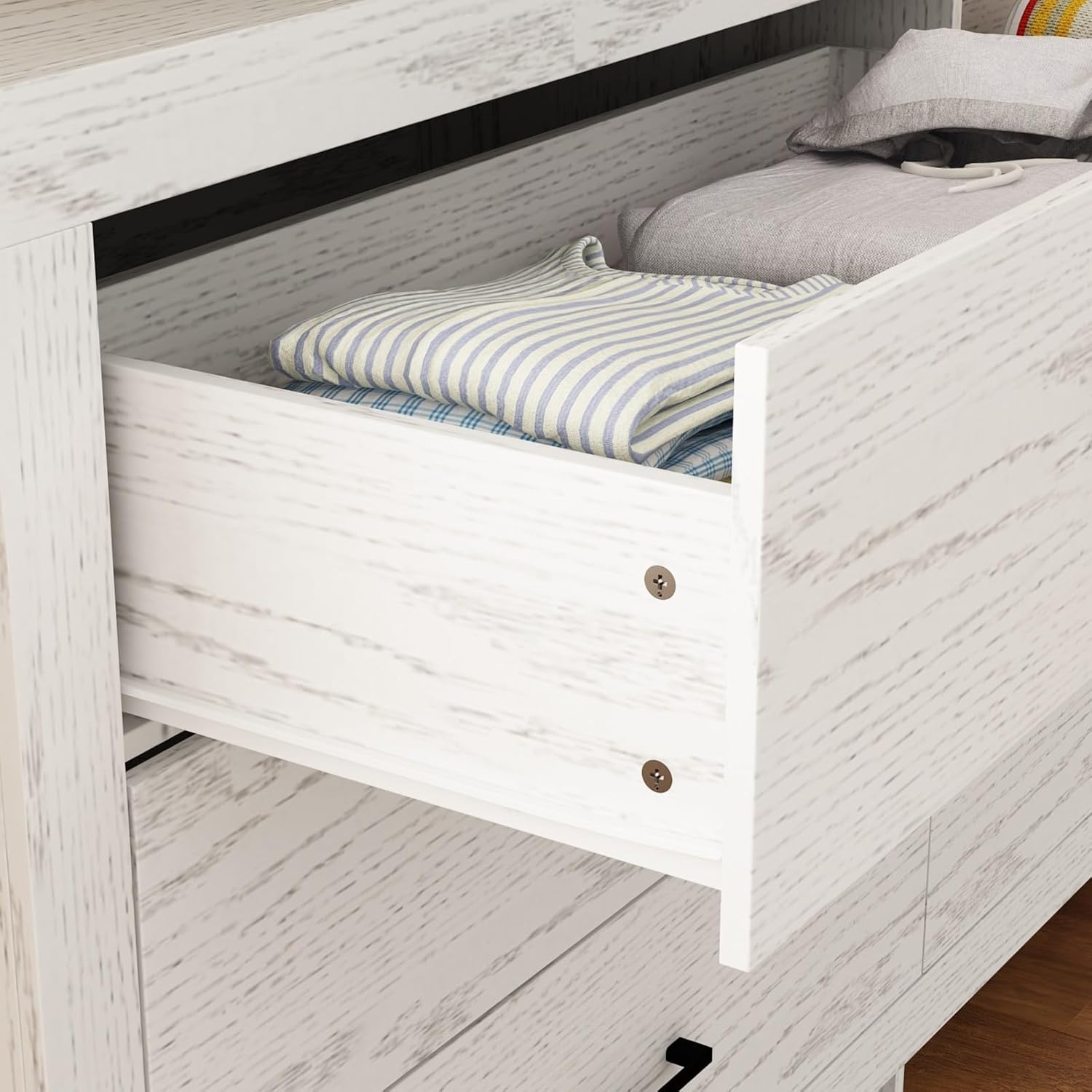 63" Dresser for Bedroom, Wide 6 Drawer Dresser, Chest of Drawers, Rustic Drawer Cabinet for Living Room Hallway Office, White Wood Grain, 15.7”D x 63”W x 33.1”H