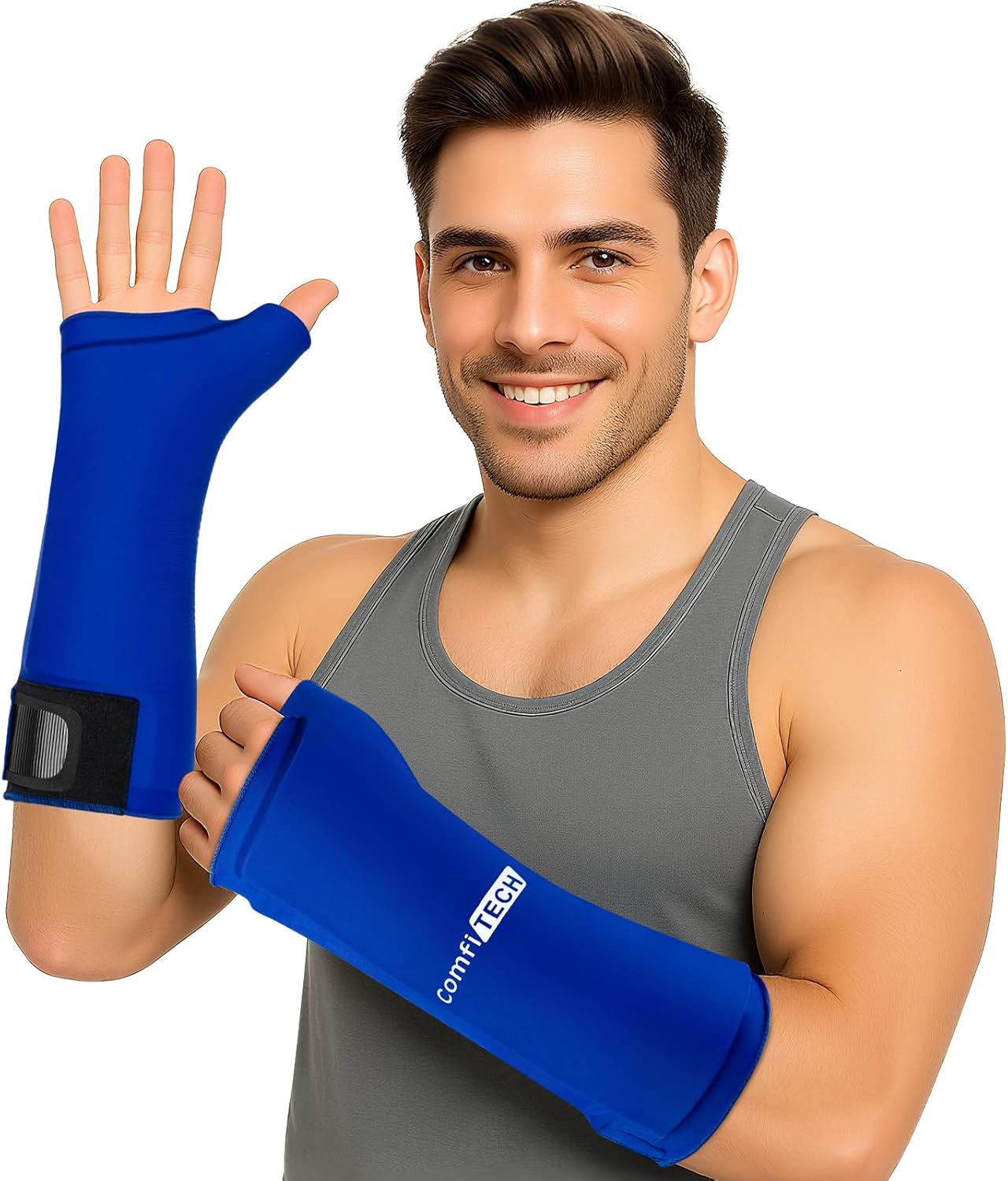 ComfiTECH Wrist Ice Pack Wrap 2 Pack, Flexible Hand Ice Pack for Carpal Tunnel, Thumb & Forearm, Reusable Gel Cold Sleeve with Adjustable Strap for Comfort and Support, Blue, Large