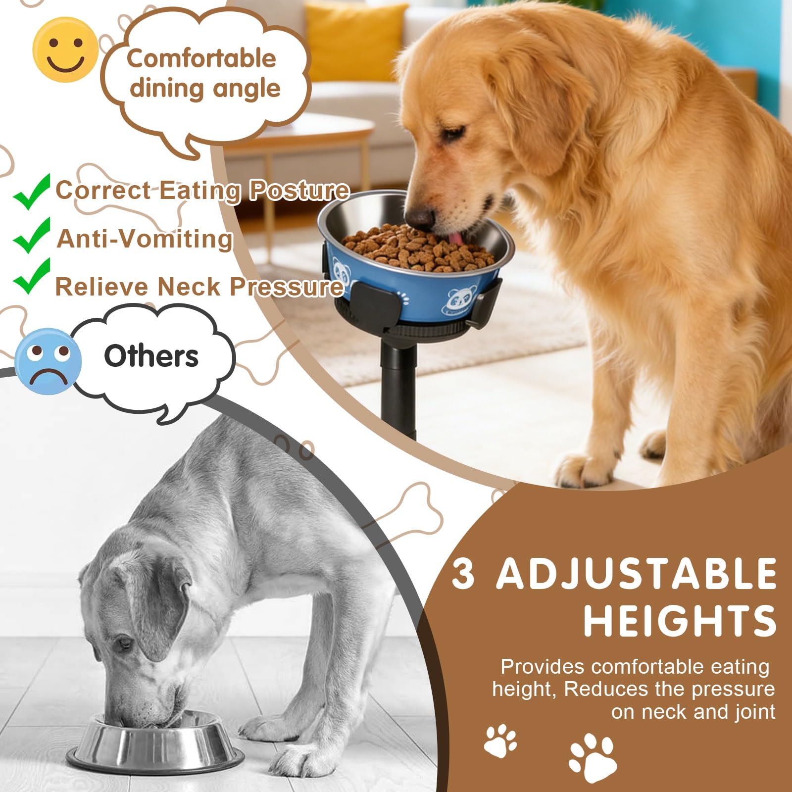 Supporto regolabile in altezza – 3 posizioni regolabili per cani di piccola e grande – Stazione di alimentazione antiscivolo e antiribaltamento, ideale per cibo e ciotola per acqua