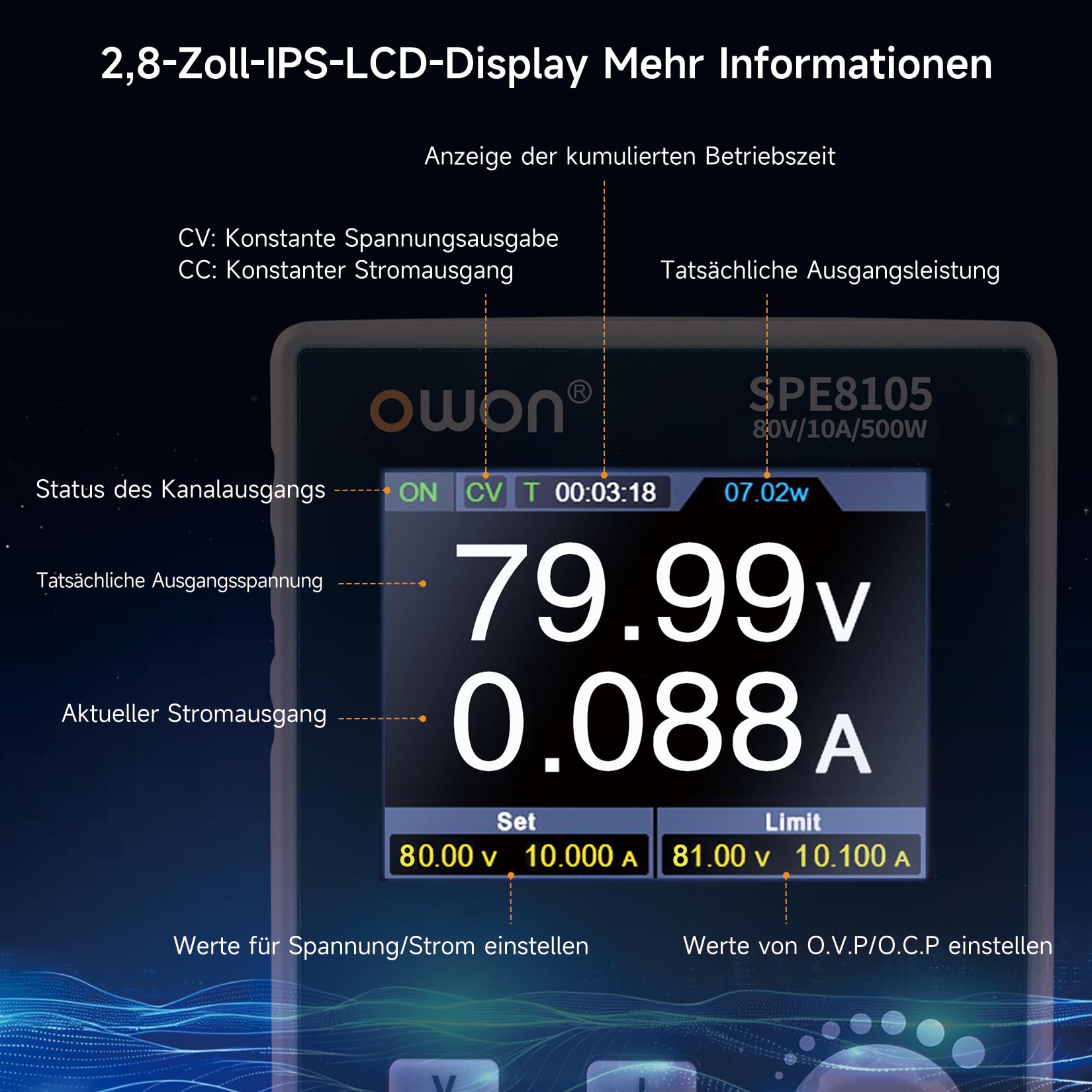 OWON Labornetzteil (0–80 V, 0–10 A), programmierbares DC-Netzteil mit max. 500 W Ausgangsleistung, 2,8-Zoll-LCD-Display und Ausgangs-Aktivierungs-/Deaktivierungstaste SPE8105