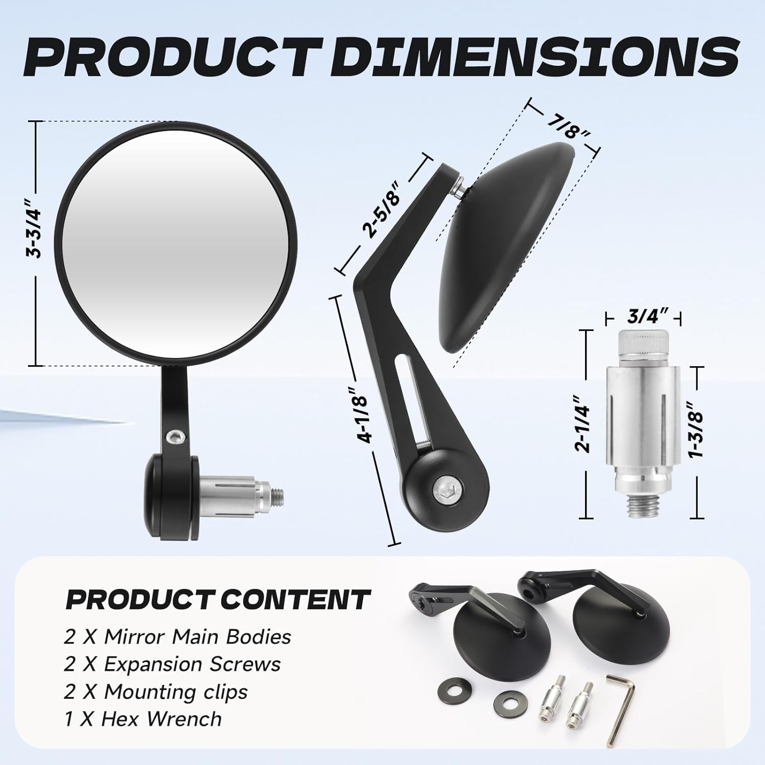 Bar End Mirrors - 7/8" Long CNC Handlebar Motorcycle Mirrors with Plugs for Z900RS Z650RS Vulcan S Eliminator SV650 XSR700 XSR900 CB750 Sportster Softail Dyna Road King Accessories (Black)