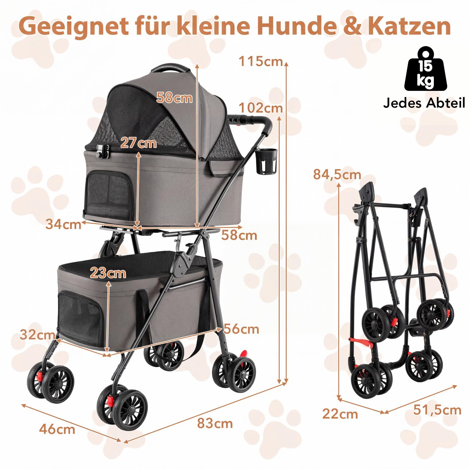COSTWAY 3 in 1 Hundewagen klappbar, Hundebuggy 2 Etagen, Haustierwagen mit verstellbarem Vordach, Netzfenster & Taschen, Hundebox Transporttasche, Haustierbuggy für Katzen Hunde bis 15 kg (Grau)