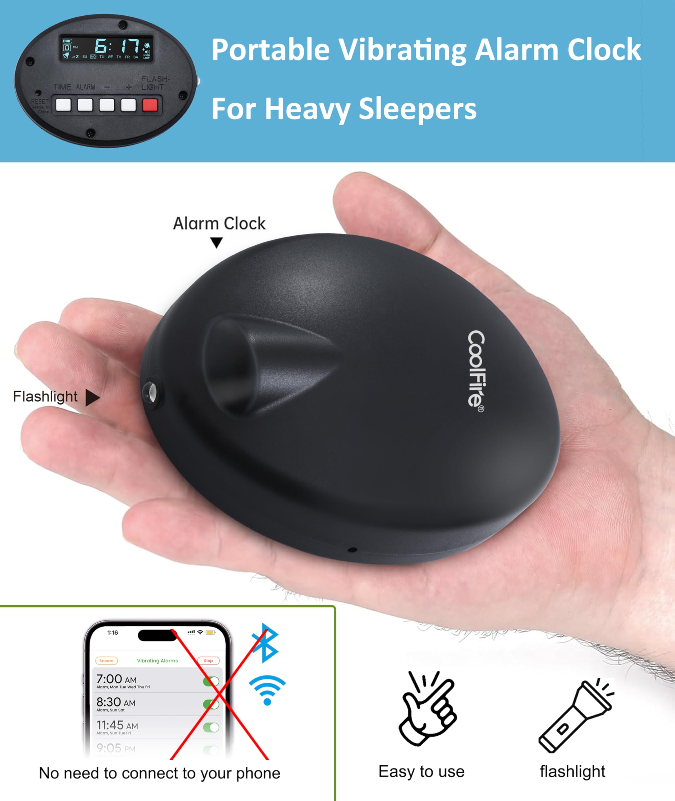 Coolfire Reloj despertador vibratorio recargable, funciona con pilas, para adultos y adolescentes, reloj despertador agitador de cama para personas que duermen mucho, viajeros y personas con