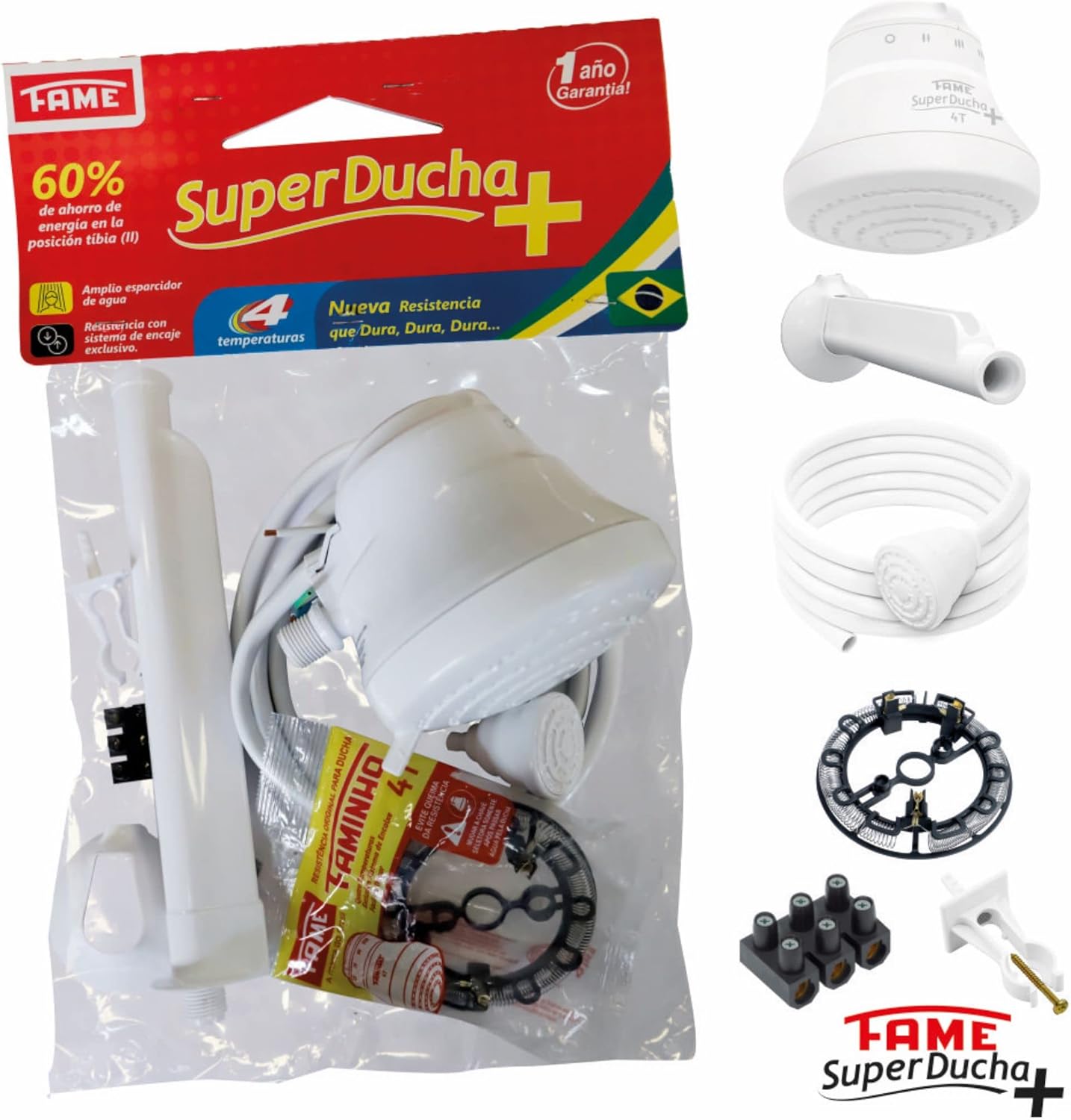 FAME - Electric shower 110V - 4 temperatures.- 4400W - Includes: Head, hose with hand head + support, installation tube, free spare resistance included - Calentador de Agua Electrico.