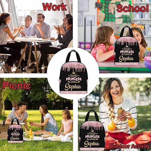 Miniatura 5 de Lonchera personalizada para niños con nombre de princesa rosa brillante personalizada aislada con 2 bolsillos, bonita lonchera para niños y niñas,