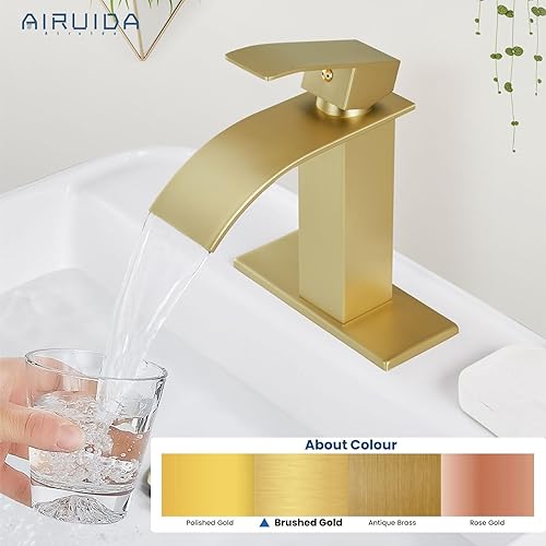 Miniatura 7 de Airuida Grifo de Lavabo de Baño con Caño de Cascada de Oro Cepillado de Una Sola Manija, Un Solo Orificio, Grifo Mezclador de Lavabo para RV,