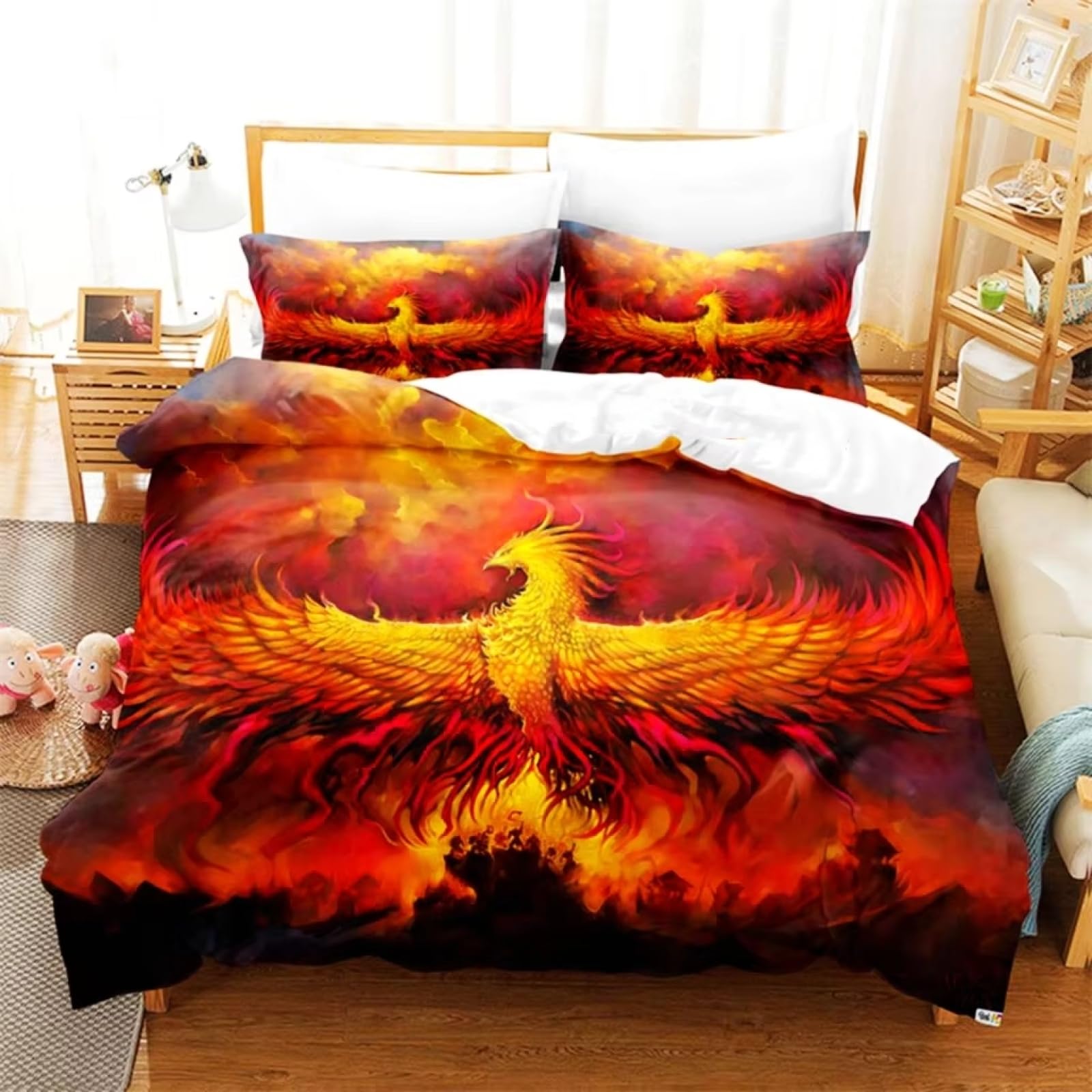 Zestaw pościeli w rozmiarze Super King Flame Phoenix, poszewka na kołdrę z zapięciem na zamek błyskawiczny, dla dzieci, miękka, oddychająca poszewka z mikrofibry 260 x 220 cm + 2 poszewki na