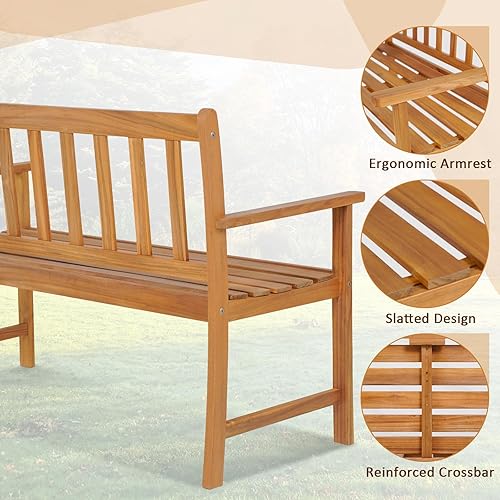 Miniatura 7 de Tangkula Banco de madera de acacia para exteriores, banco de jardín para 2 personas con respaldo y reposabrazos, banco de jardín con asiento de