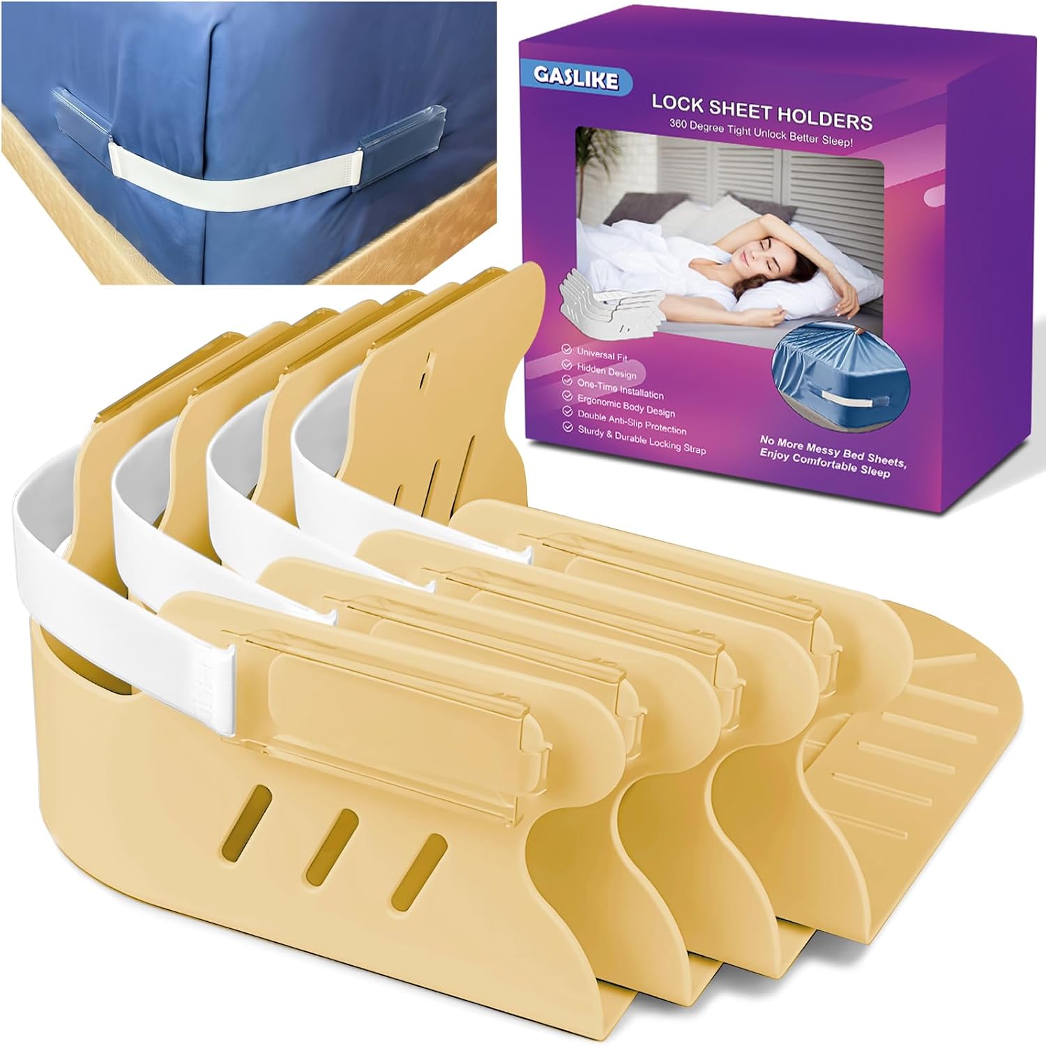 Lock Bed Sheet Holders with Anti-Slip Pads for Corners, 4Pcs Secure Bed Sheets Firmly in Place, Heavy Duty Bed Sheet Holder Straps for No More Loose Sheets, Easy Installation for All Mattress (Slate)