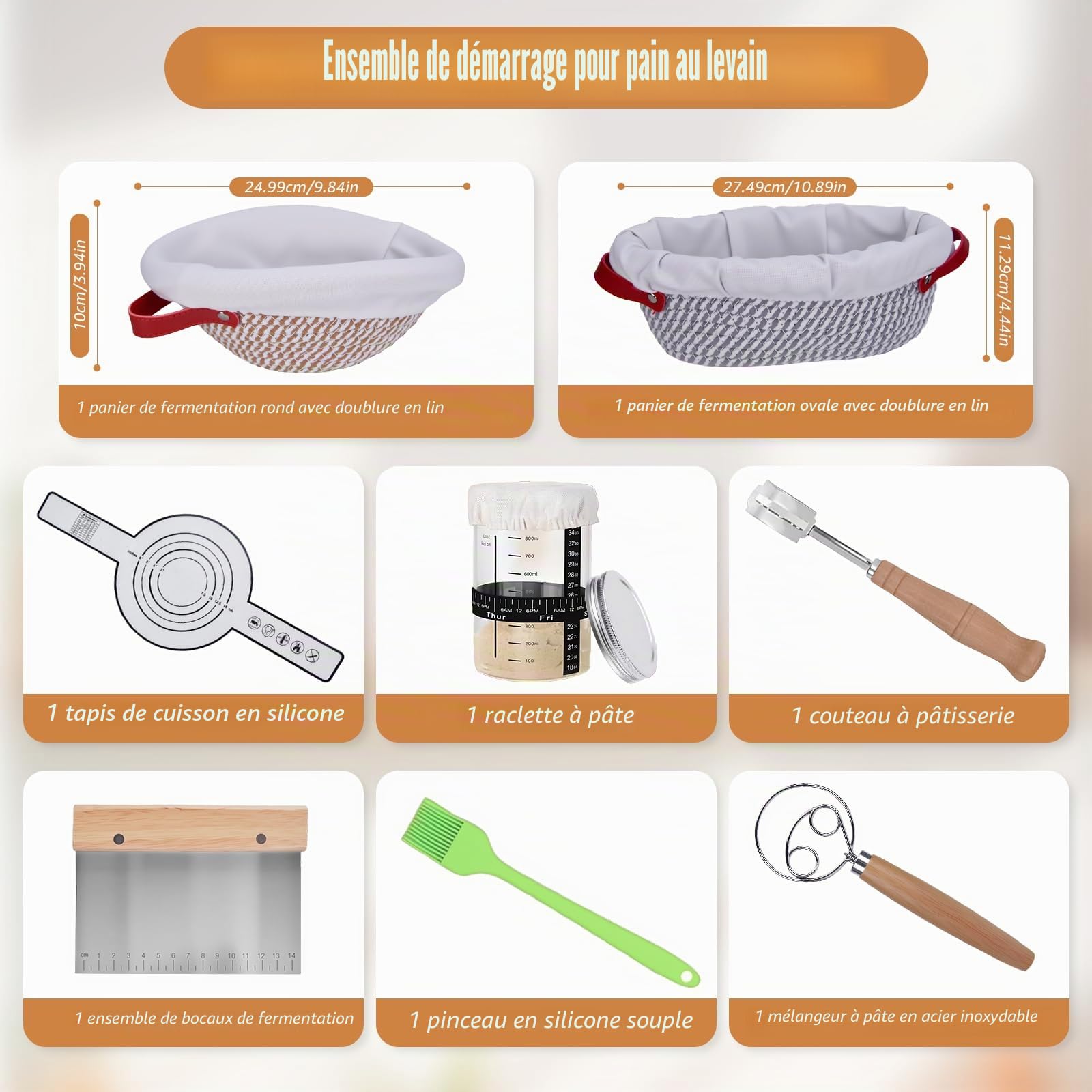Banneton Pour Pain, Rond et Ovale Banneton, 11 Pièces Kit Pain Au Levain, Avec 2 Paniers De Levain, Couteau à Avec 5 Lames, Brosse, Grattoir Et Housse De Linge, Kit Boulangerie Professionnel