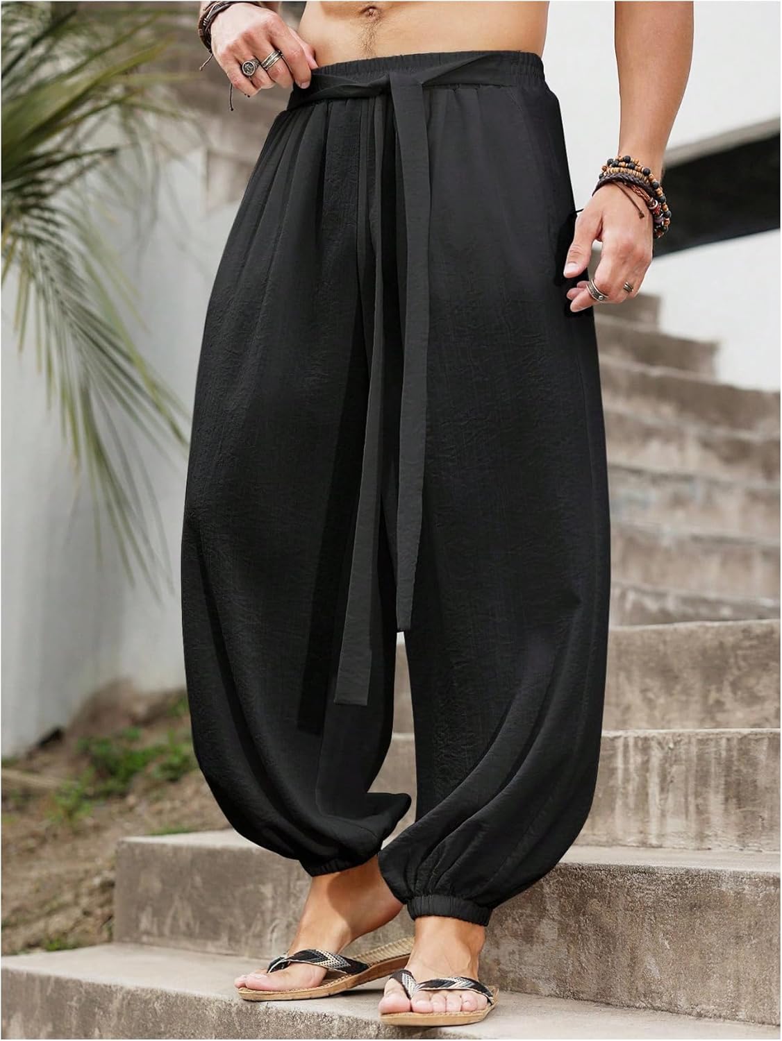 OYOANGLE Men's Harem Pants with Pocket Baggy Aladdin Hippie Loose Fit Elastic Waist Wide Leg Japanese Pants