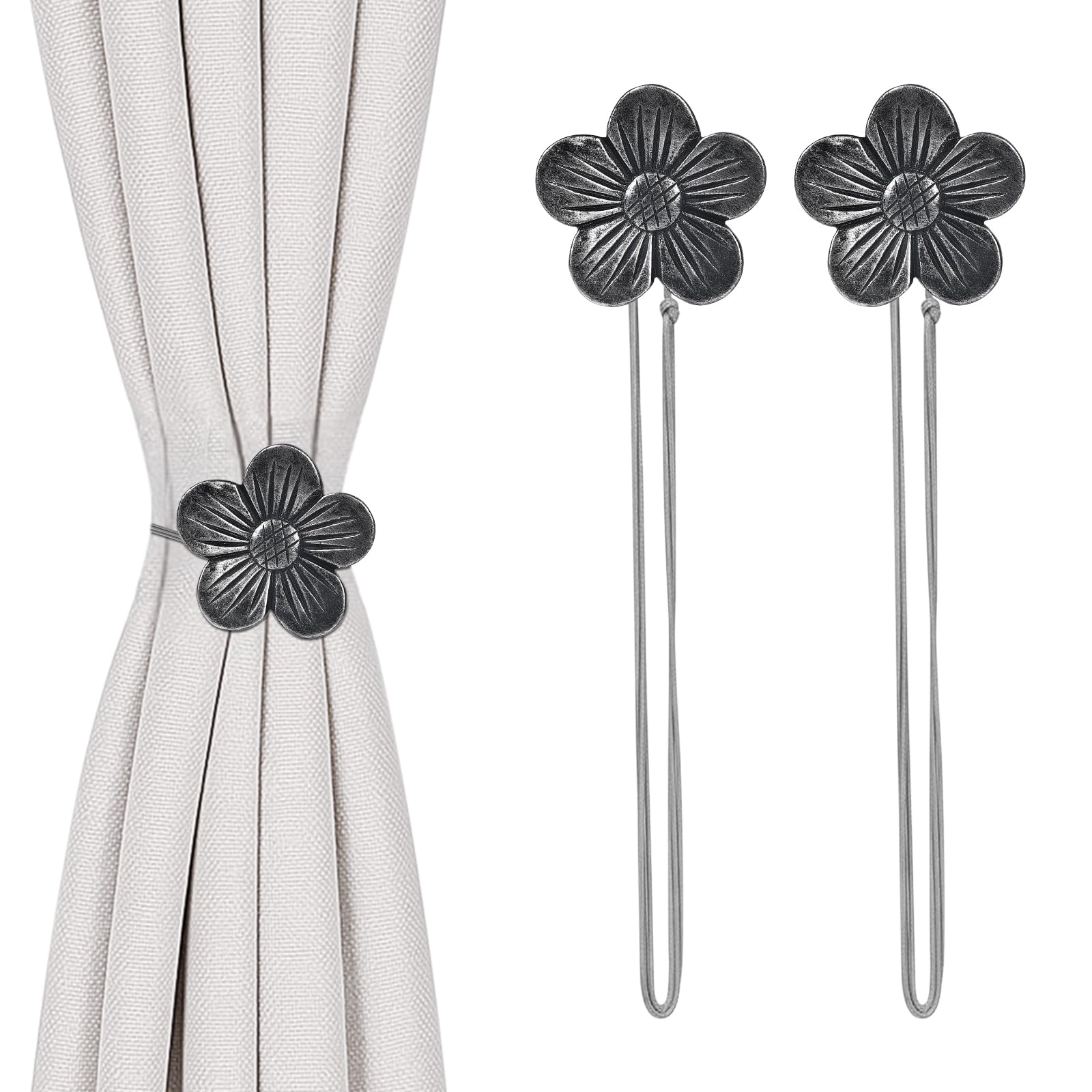 TopHomer Magnetic Curtain Tie Backs, 2Pcs Adjustable (40cm/15.7in) Curtain Tiebacks, 5 Colors Resin Flower Magnetic Tie Backs for Curtains Home Office Thick/Thin Drapes