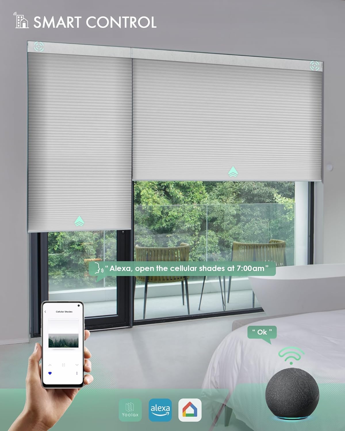 Yoolax Motorized Cellular Shades Compatible with Alexa, Light Filtering Motorized Blinds with Remote Smart Honeycomb Shades for Indoor Windows, Automatic Blinds Custom Size (Light Gray)