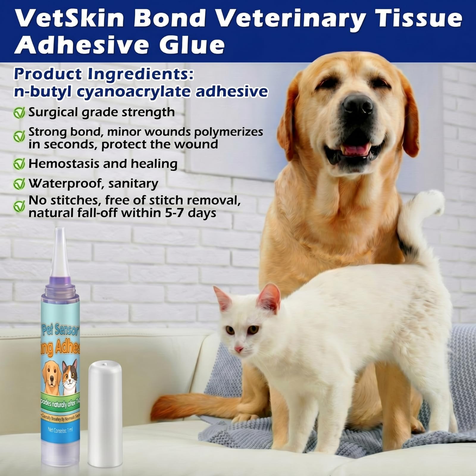 1ml Veterinary Surgical Skin Glue with 10 Applicators, Fast Acting Wound Tissue Glue Sealant, CGM Sensor Adhesive for Pet with Blue Tint for Precise Application, Stay Secure for 10-14 Days — Amazon image 2