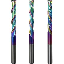 3pcs Spiral Router 1/4 Shank, Extra Long 4" OVL, 2" Cutting Length, Up Cut Downcut Compression Solid Carbide CNC Router Bits with TAC Coating End Mill for Wood, Oak, MDF, Aluminum