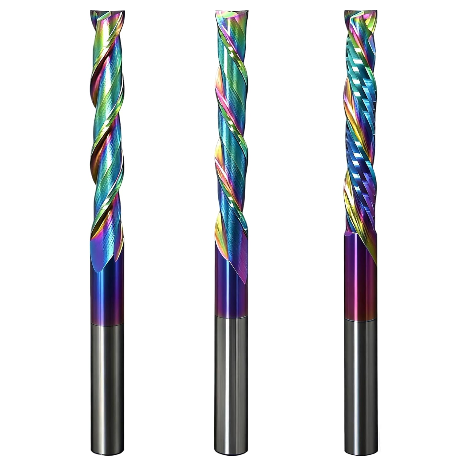 3pcs Spiral Router 1/4” Shank, Extra Long 4" OVL, 2" Cutting Length, Up Cut Downcut Compression Solid Carbide CNC Router Bits with TAC Coating End Mill for Wood, Oak, MDF, Aluminum