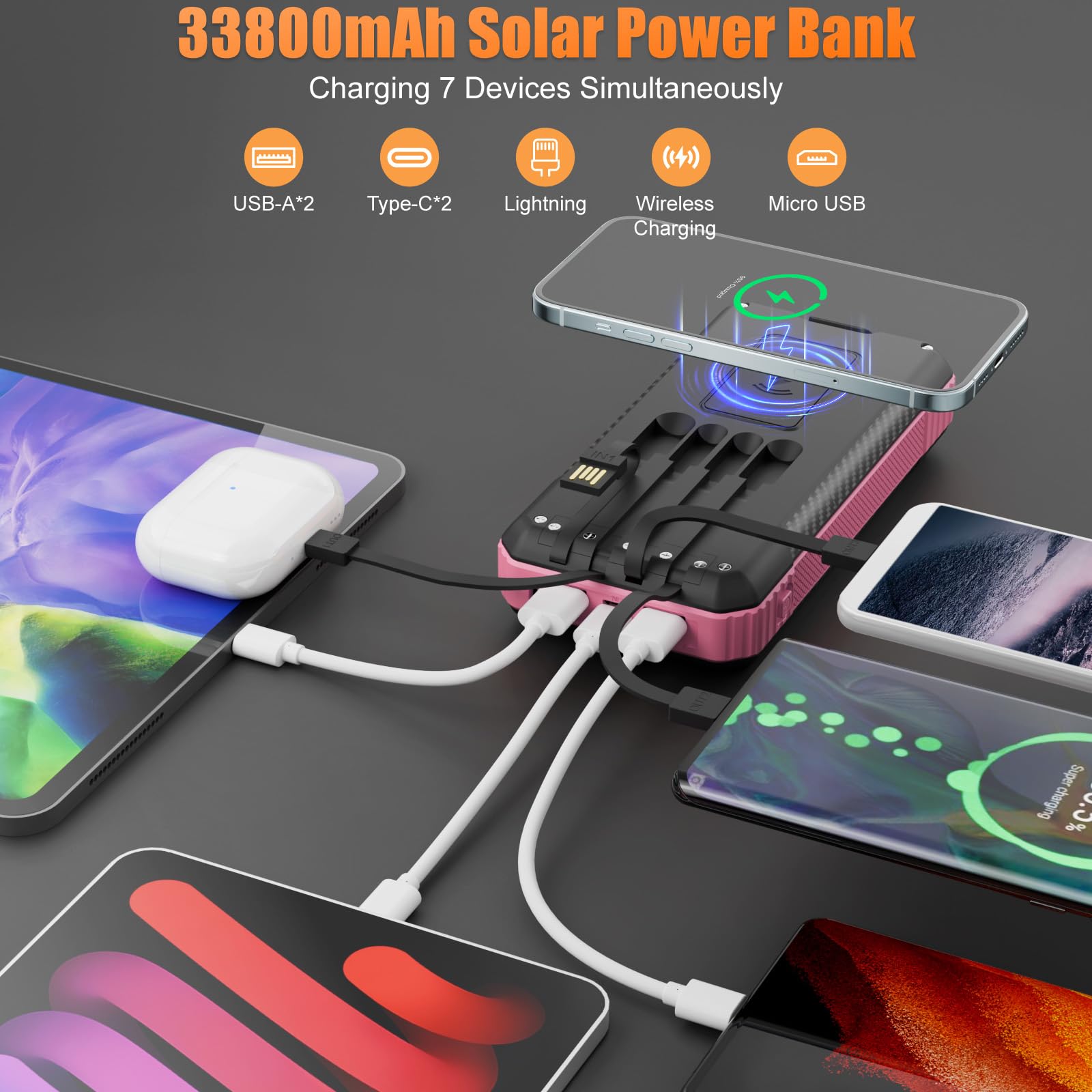 33800mAh Solar Power Bank Wireless Protable Charger, torcia elettrica, bussola, campeggio, viaggi all'aperto