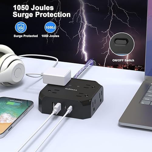 Miniatura 4 de Protector de sobretensiones - Cable de extensión de enchufe plano de 15 pies con 8 tomas amplias y 4 puertos USB (2 USB C), extensor de salida