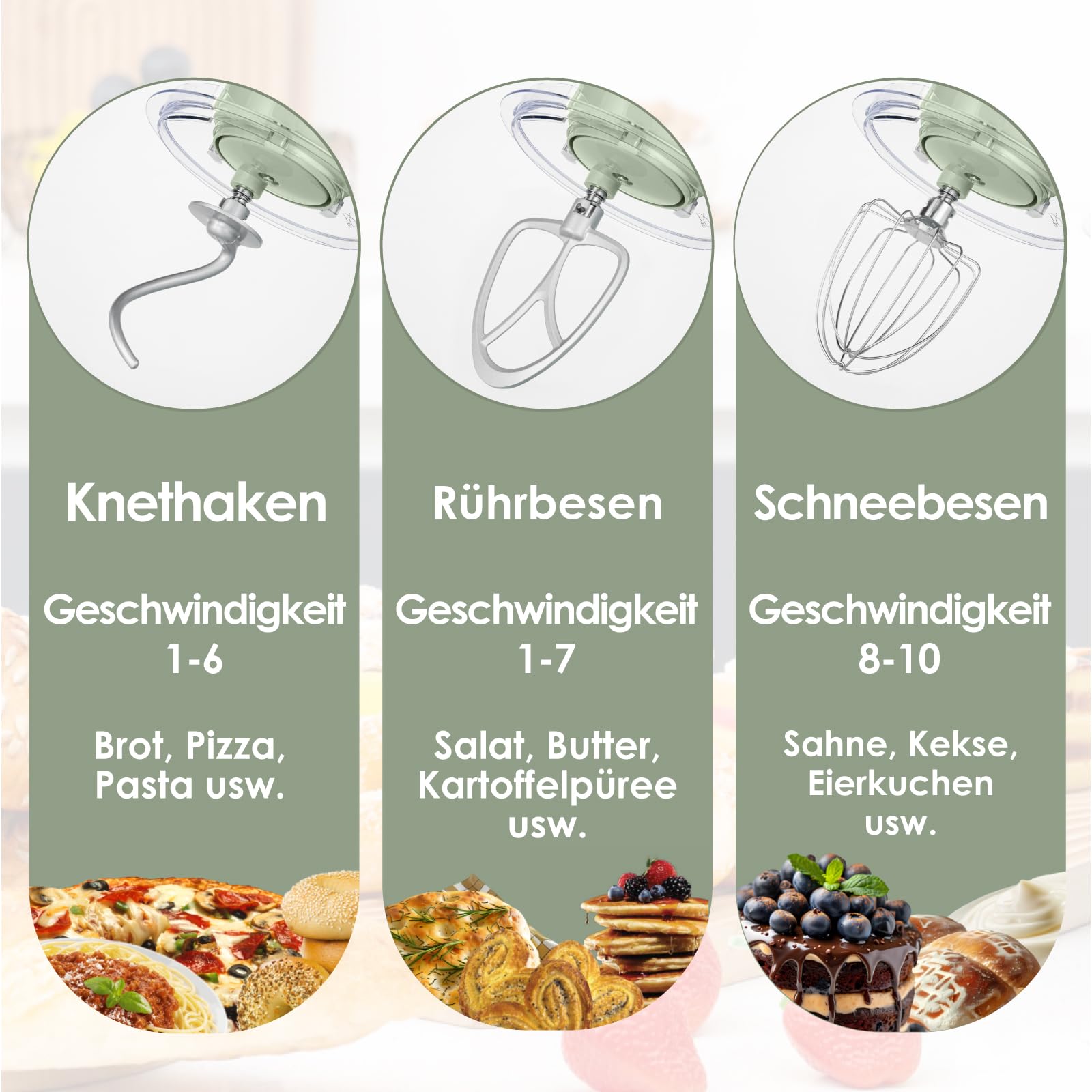 Fab-Serie 6L Küchenmaschine von Kitchen in the box, leistungsstarke Rührmaschine mit 1300W, 10 Geschwindigkeiten, ideal für den täglichen Gebrauch, inkl. Knethaken, Schneebesen & Rührhaken, Grün