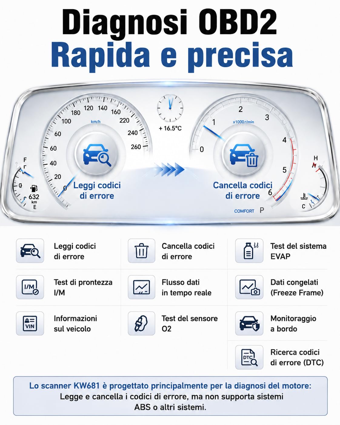 KONNWEI KW681 - Valigia diagnostica auto 2 in 1, lettore OBD2 diagnostico auto con tester batteria auto 6 V/12 V, test batteria CCA/SOH/SOC, compatibile con veicoli Benzina | Diagnosi del veicolo