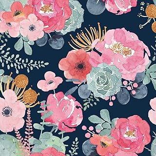 Peel and Stick Wallpaper Removable Floral Cactus Pink Navy Flower Vinyl ...
