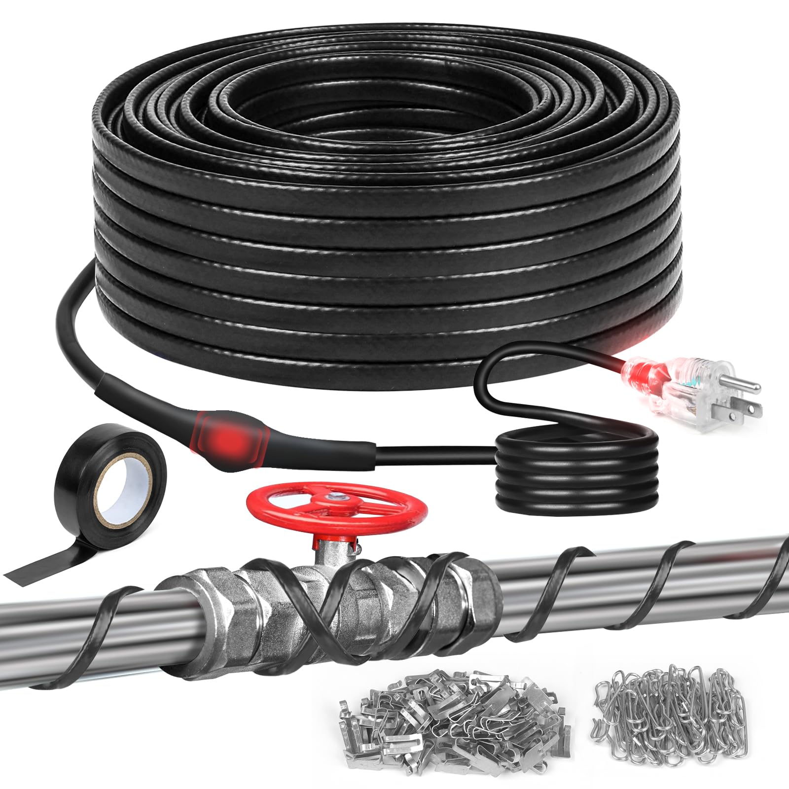 3FT~160FT Heat Tape for Water Pipes, -40°F Deicing Heat Tape,Thermostat Wire,Heating Cable Pipe Heating Cable,Heat Tape with Thermostat,Gutter Heat Cable,Heated Water Hose,120V 8W/ft (100FT)