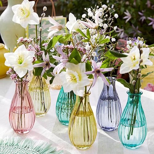 Miniatura 2 de Talking Tables Florero de cristal morado para flores, botellas pequeñas acanaladas de cuello estrecho para decoración del hogar, arreglos, centros