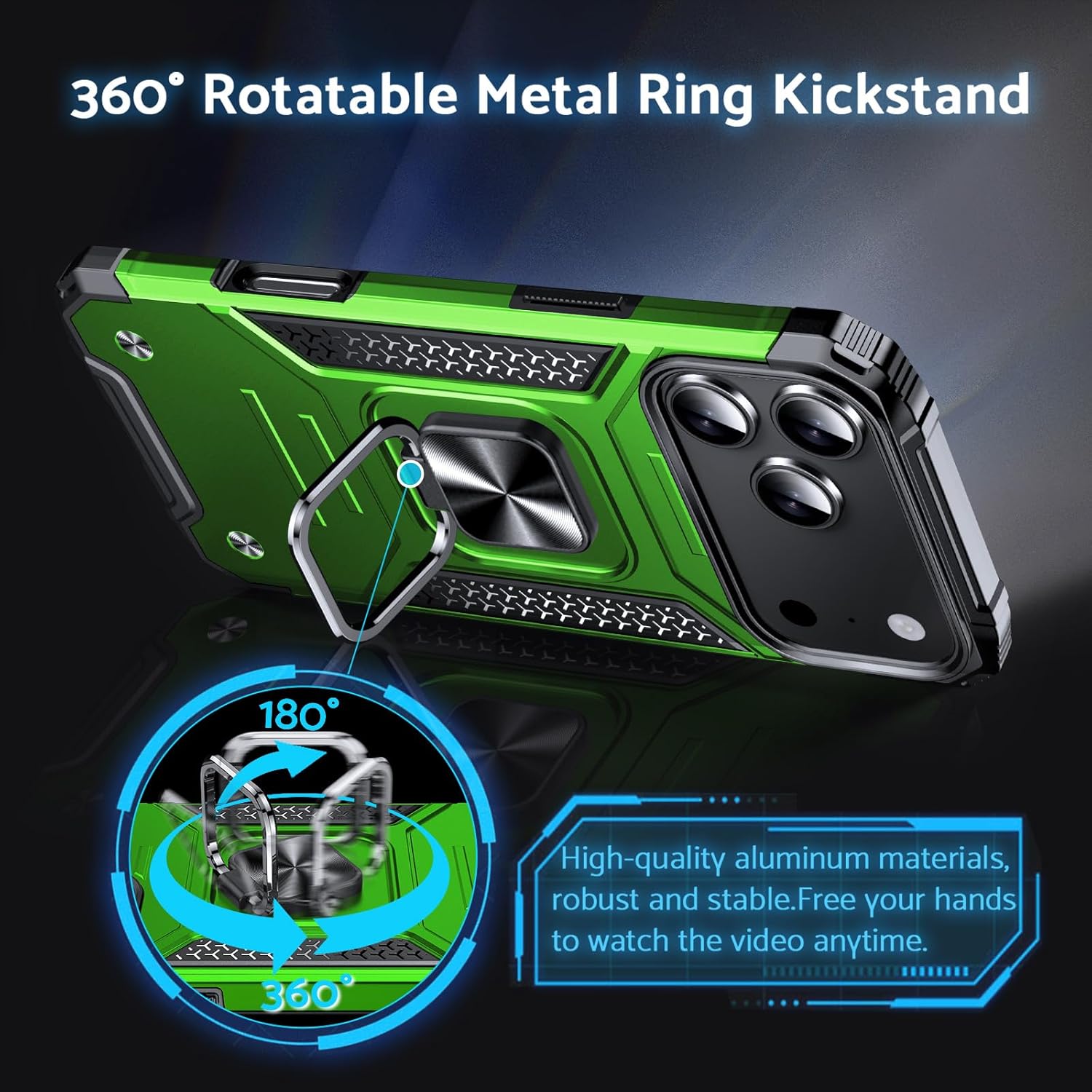 DASFOND Designed for iPhone 17 Pro Case with Stand, Enhanced 360° Rotatable Metal Ring Kickstand Military Grade Impact Resistant Shockproof Protective Phone Case Cover for iPhone 17 Pro 6.3'', Green - Image 2