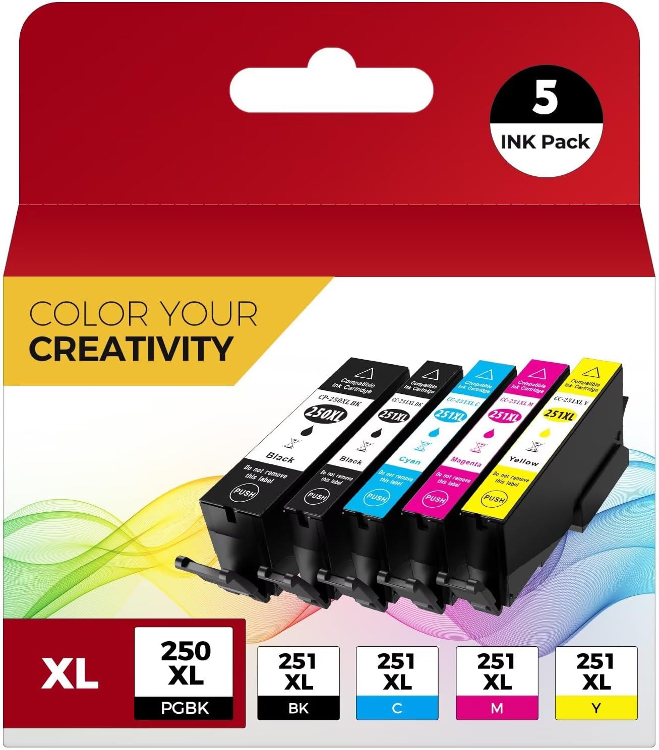 PGI-250XL CLI-251XL 5 Color Value Pack, Compatible for Canon 250 251 Ink Cartridges to use with PIXMA MX922, MG5420, MG5520, MG5522, MG6320, MG6620, iP7220 (PGBK, Black, Cyan, Magenta, Yellow)