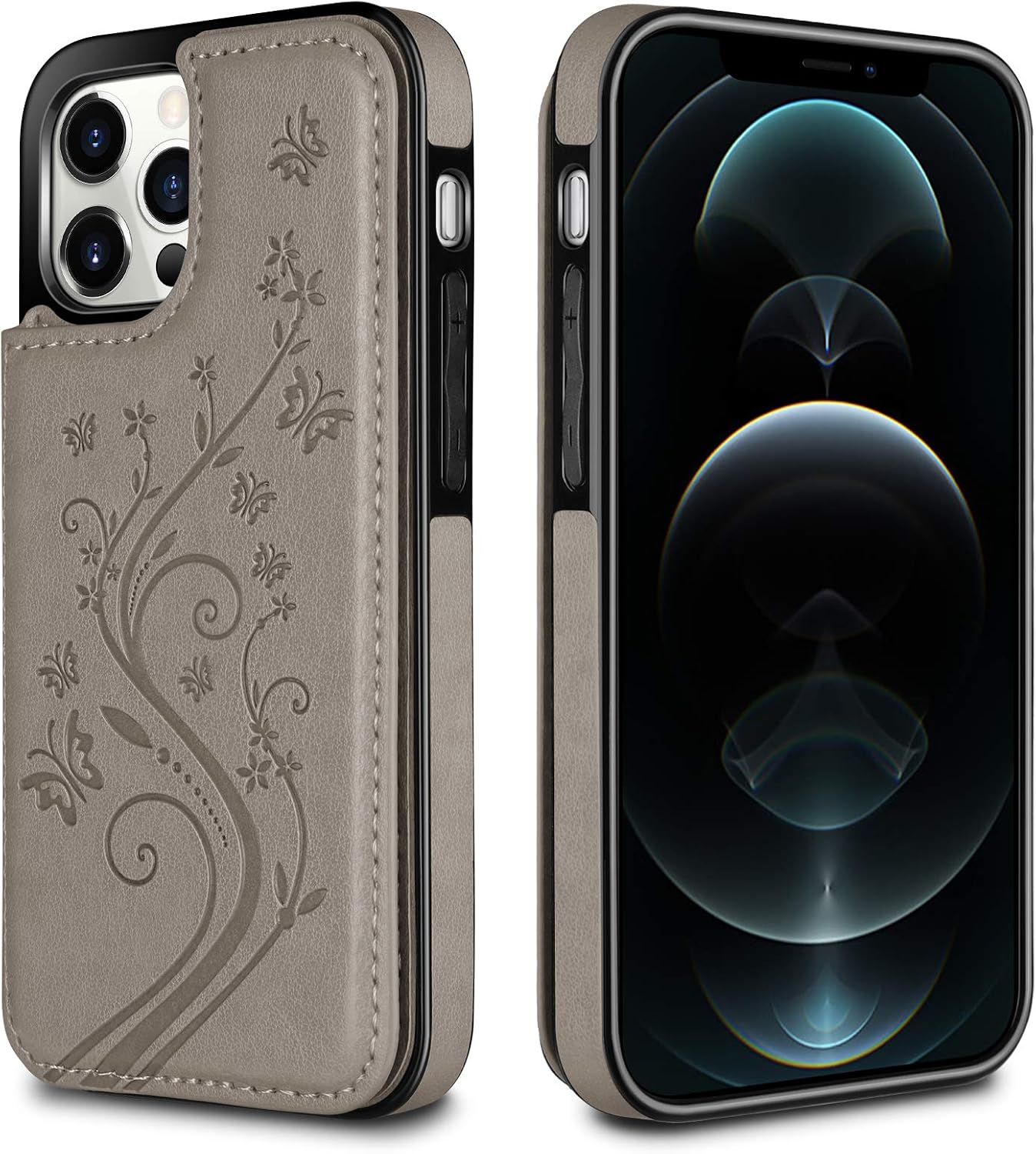HianDier Wallet Case Compatible with iPhone 12 Pro MAX Case 5G 6.7-inch Slim Protective with Credit Card Slot Holder Flip Folio Soft PU Leather Magnetic Closure Cover, Butterfly Gray
