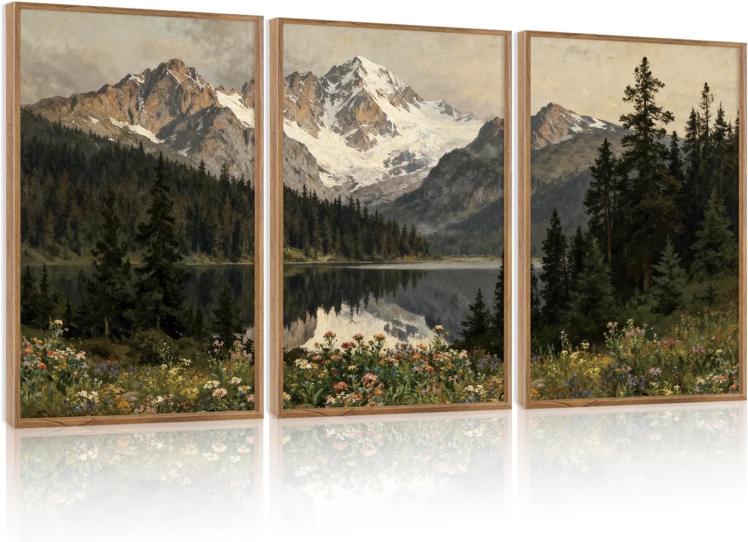 Celestdeco Framed Snowy Mountain Forest Canvas Wall Art,Woodland Forest Lake Landscape Wall Decor,Modern Natural Green Wildflower Poster for Farmhouse Living Room Bedroom Office 30x40cm