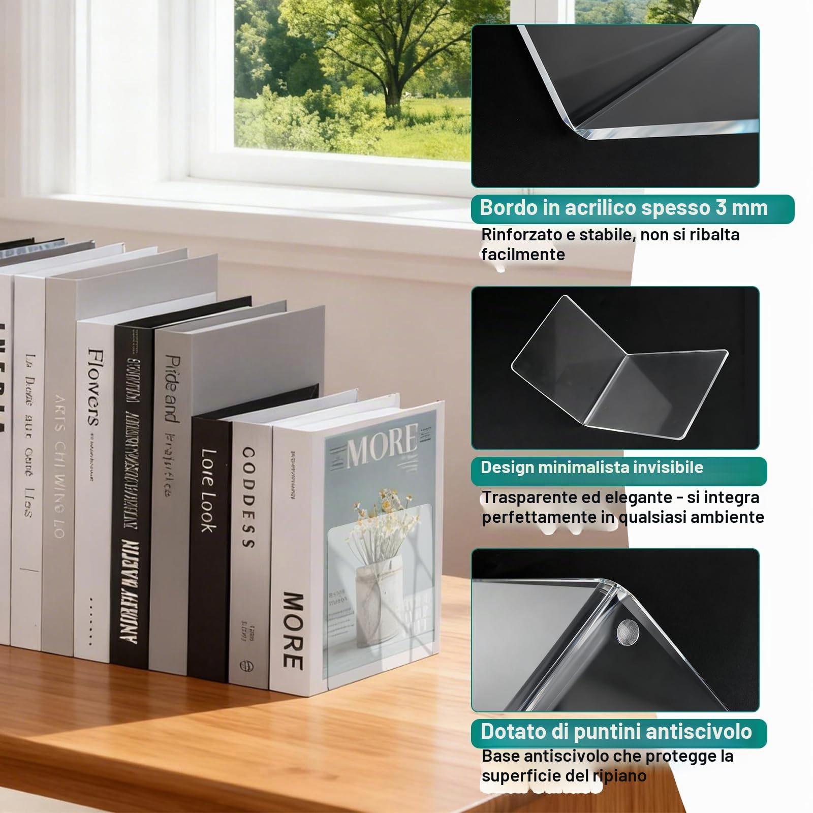 10 Pezzi Fermalibri per Mensole Trasparente in Acrilico con adesivi antiscivolo, Ferma Libri per Libreria Spessi 3, Reggilibri per Camera da Letto, Biblioteca, Ufficio, Scuola e Studio