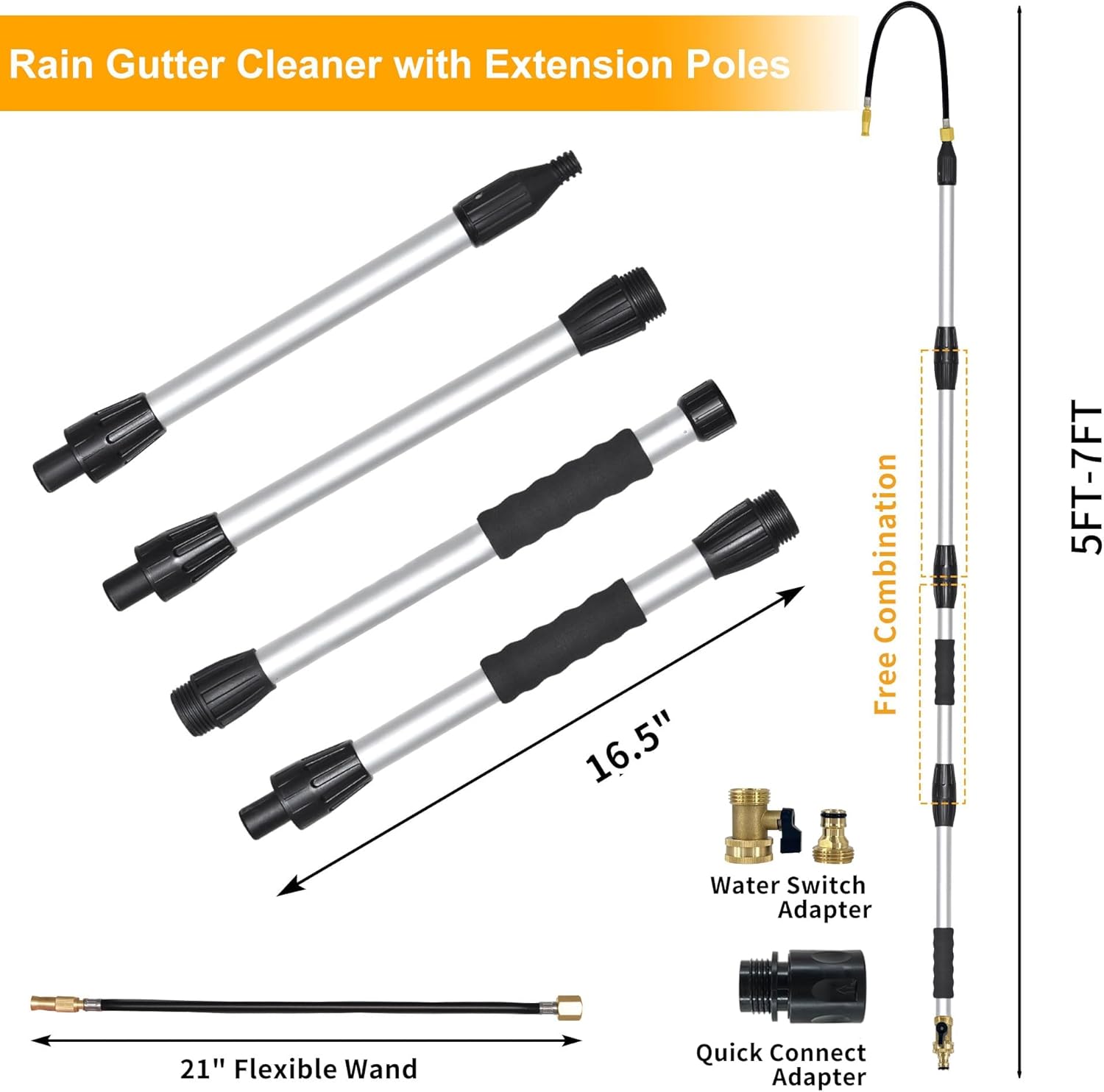 Buyplus Gutter Cleaner Tools from The Ground, Rain Gutter Cleaner Hose Attachment with Extension Poles Up to 7FT, Bendable Gutters Wand | 4 Spray Patterns, Perfect for Garden Hose