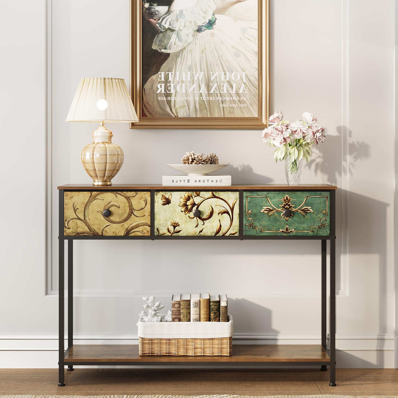 VEDECASA Konsolentisch Beistelltisch mit 3 Stoffschubladen Flurtisch mit Offenen Ablagefächern Eingangtisch Sofatisch für Flur Wohnzimmer Schlafzimmer Holz Metallrahmen einfache Montage Vintage Braun