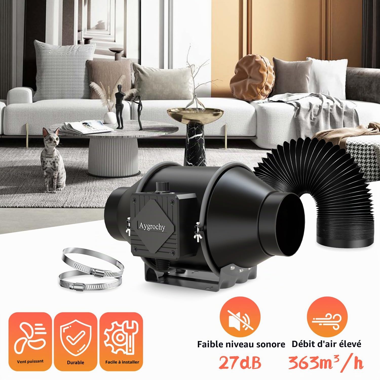 Aygrochy 100mm Extracteur d'Air 363 m³/h,Ventilateur d'extraction EC Moteur avec Tuyau flexible de VMC Salle de Bain, Cuisine,Garage,tentes de culture,ventilation.